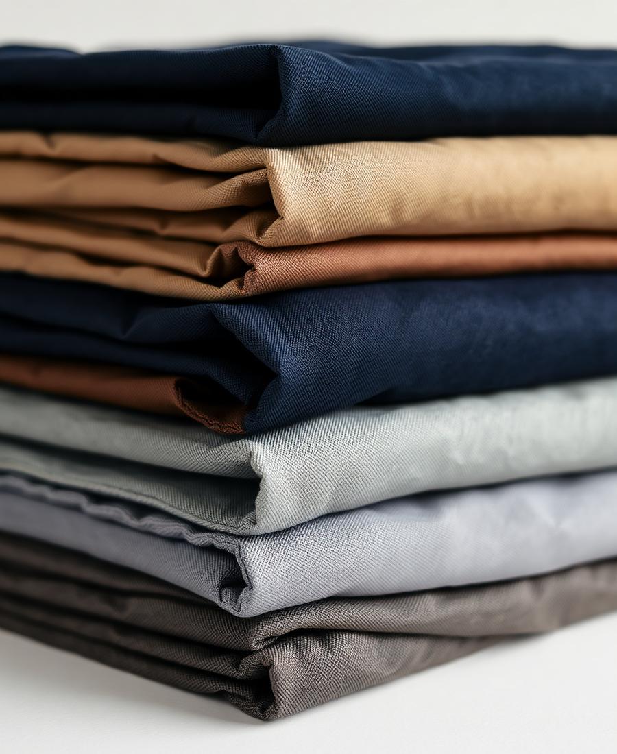 Stack of folded navy, khaki and grey twill uniform fabrics, uniform fabric Dubai