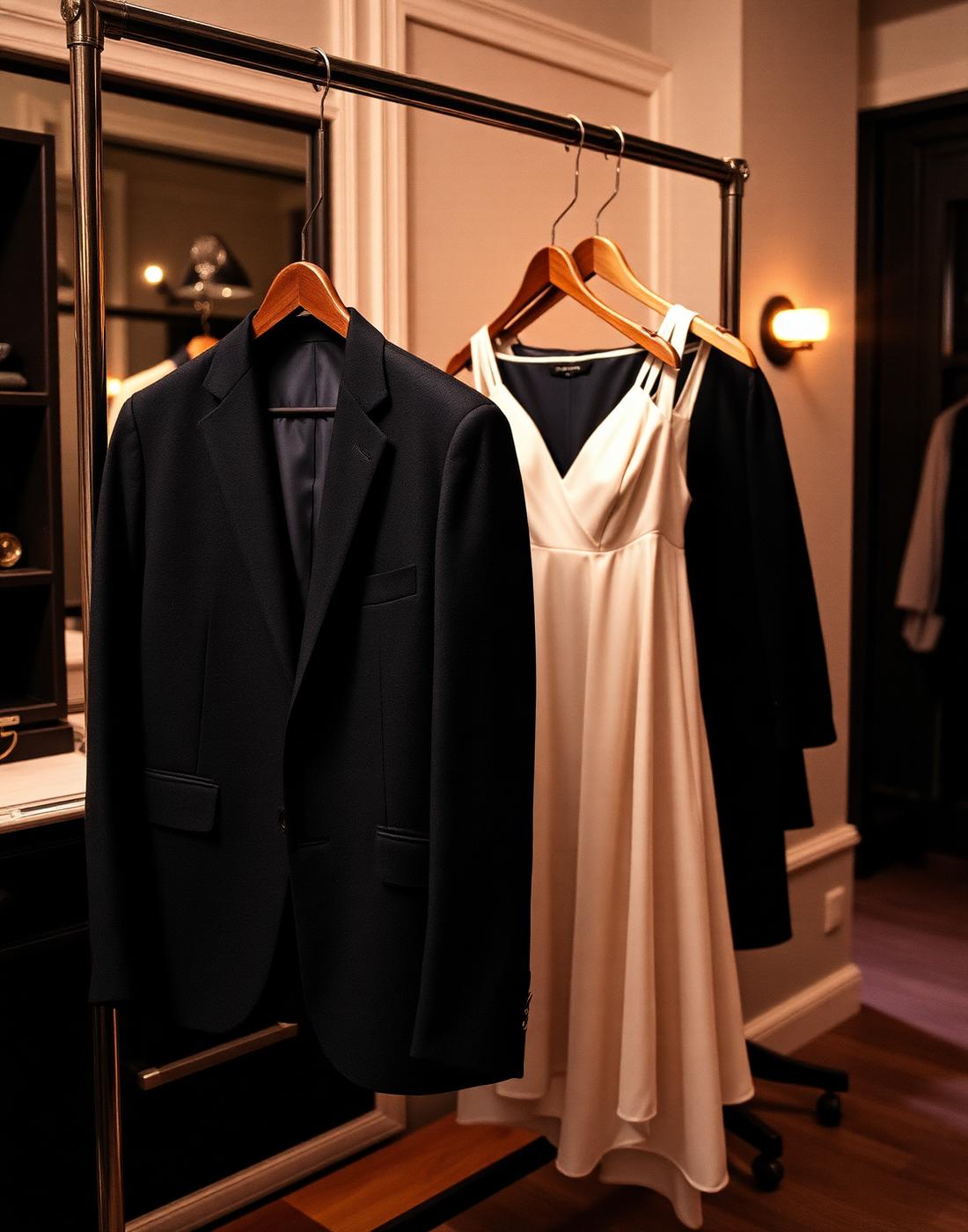 Finished bespoke suit and ivory gown on hangers at the Auriva atelier in Dubai