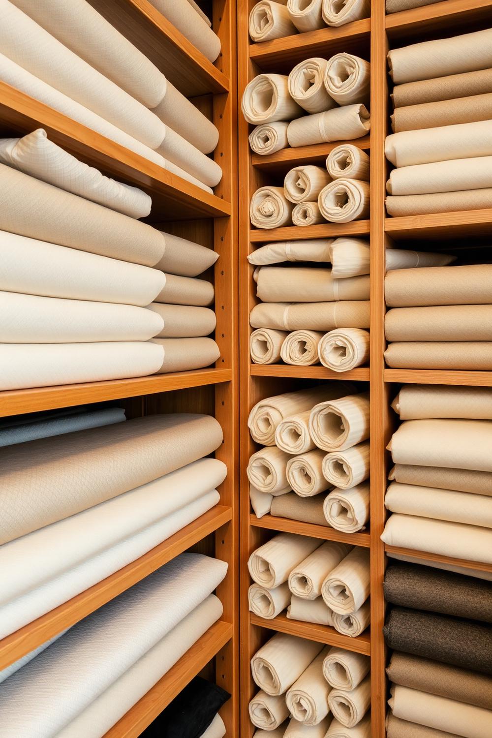 Wooden shelves of rolled ivory and beige fabrics at the Auriva showroom in Al Satwa, Dubai