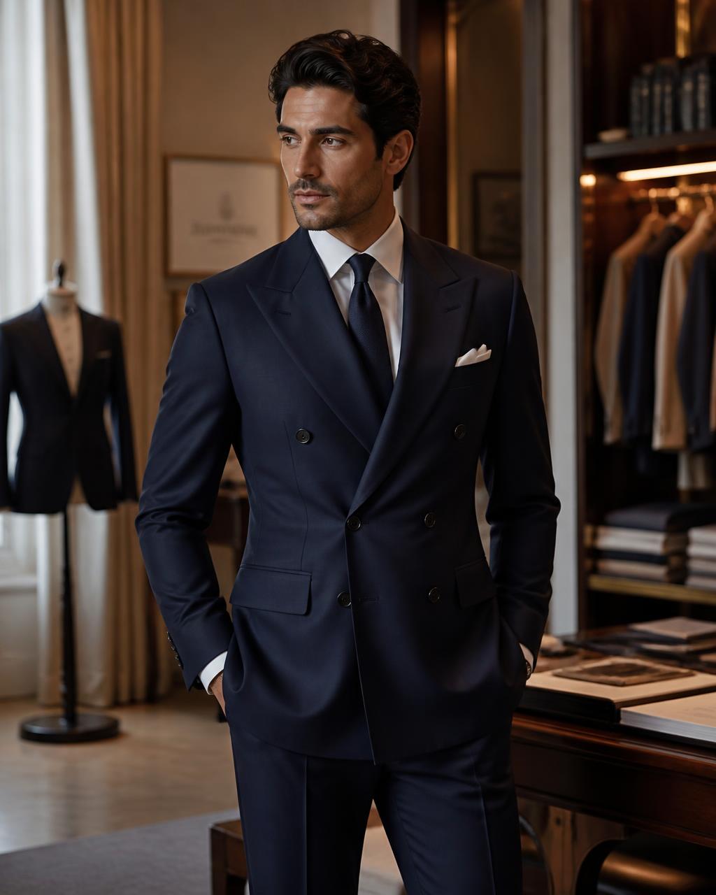 Model in a navy double-breasted bespoke suit tailored by Auriva in Dubai