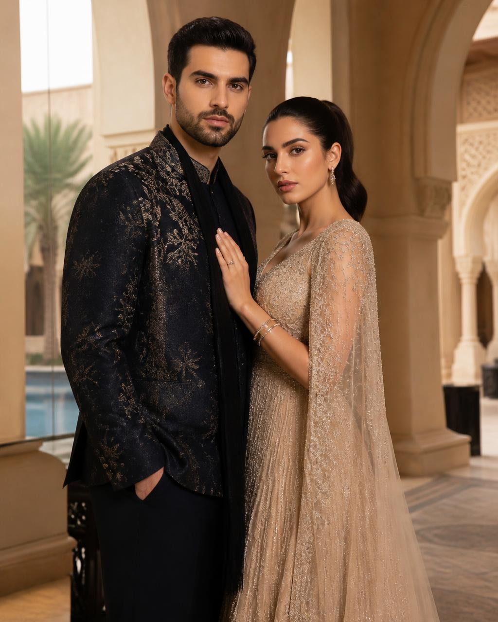 Couple in coordinated formal occasion wear tailored by Auriva Dubai