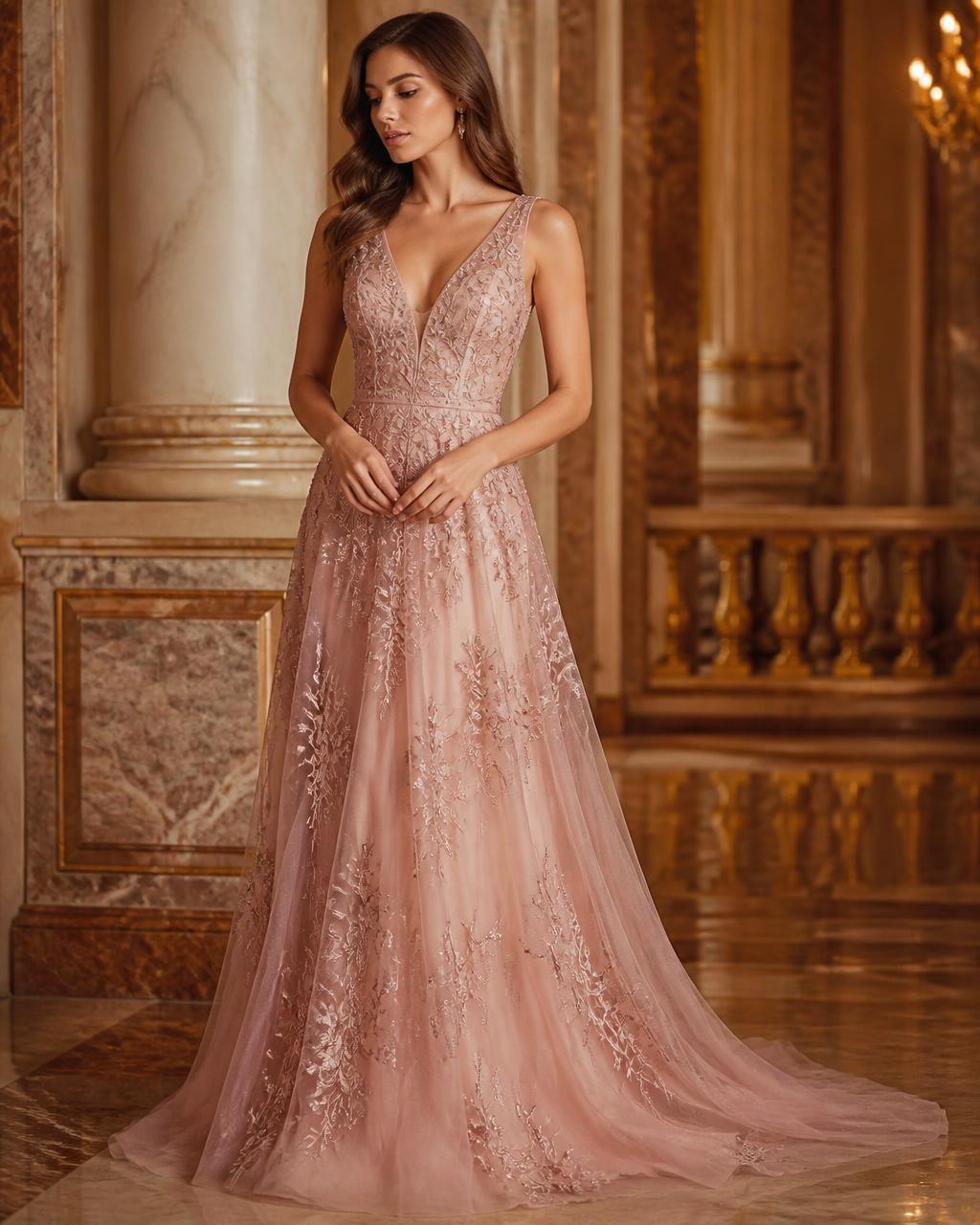 Model in a blush floor-length evening gown made from Auriva fabrics