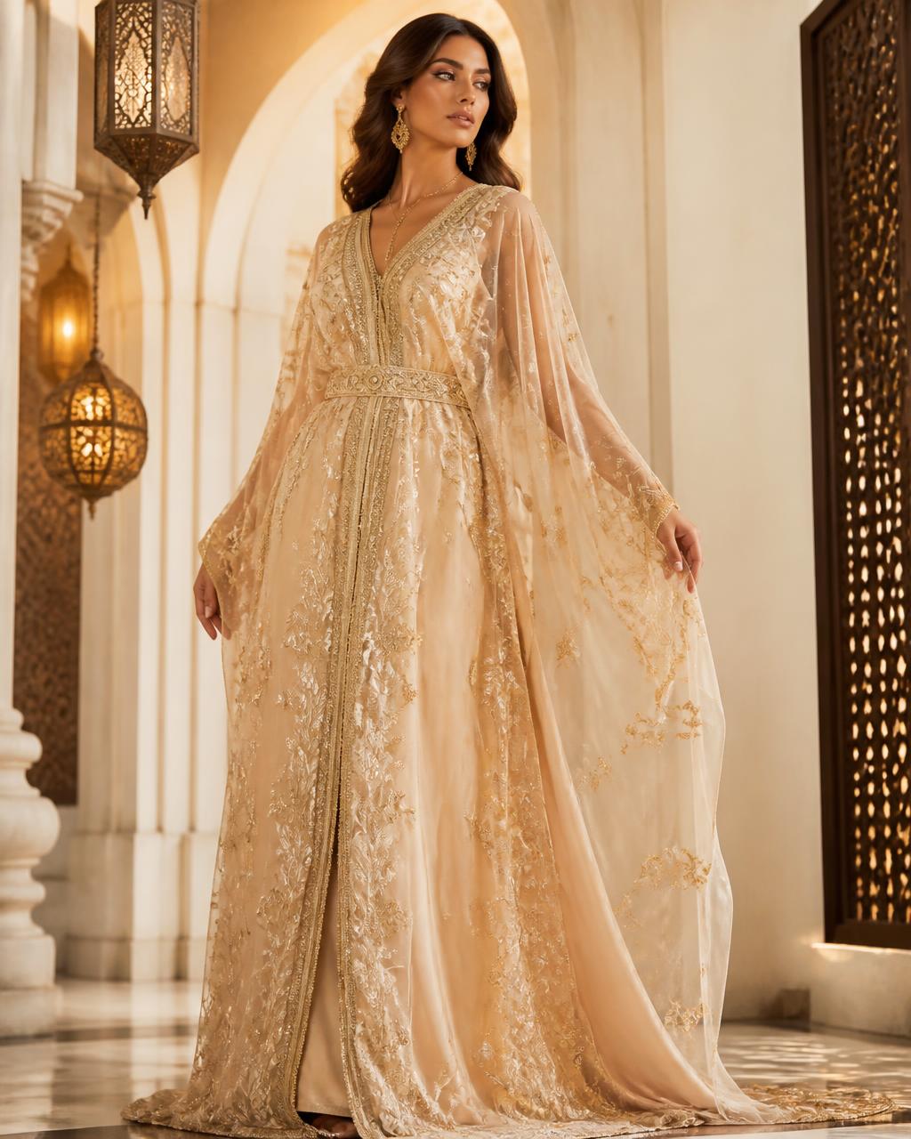 Model in a champagne-gold embroidered kaftan tailored by Auriva