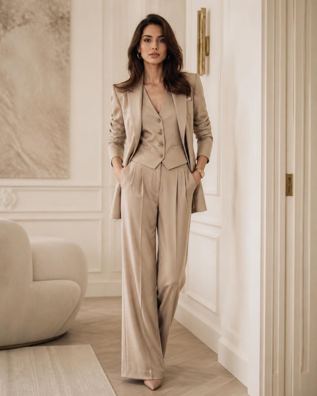 Model in a tailored beige three-piece pantsuit by Auriva Dubai
