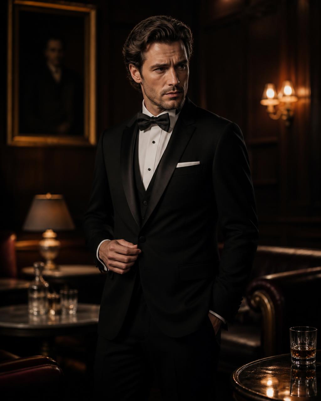 Model in a black satin-lapel tuxedo tailored by Auriva Dubai