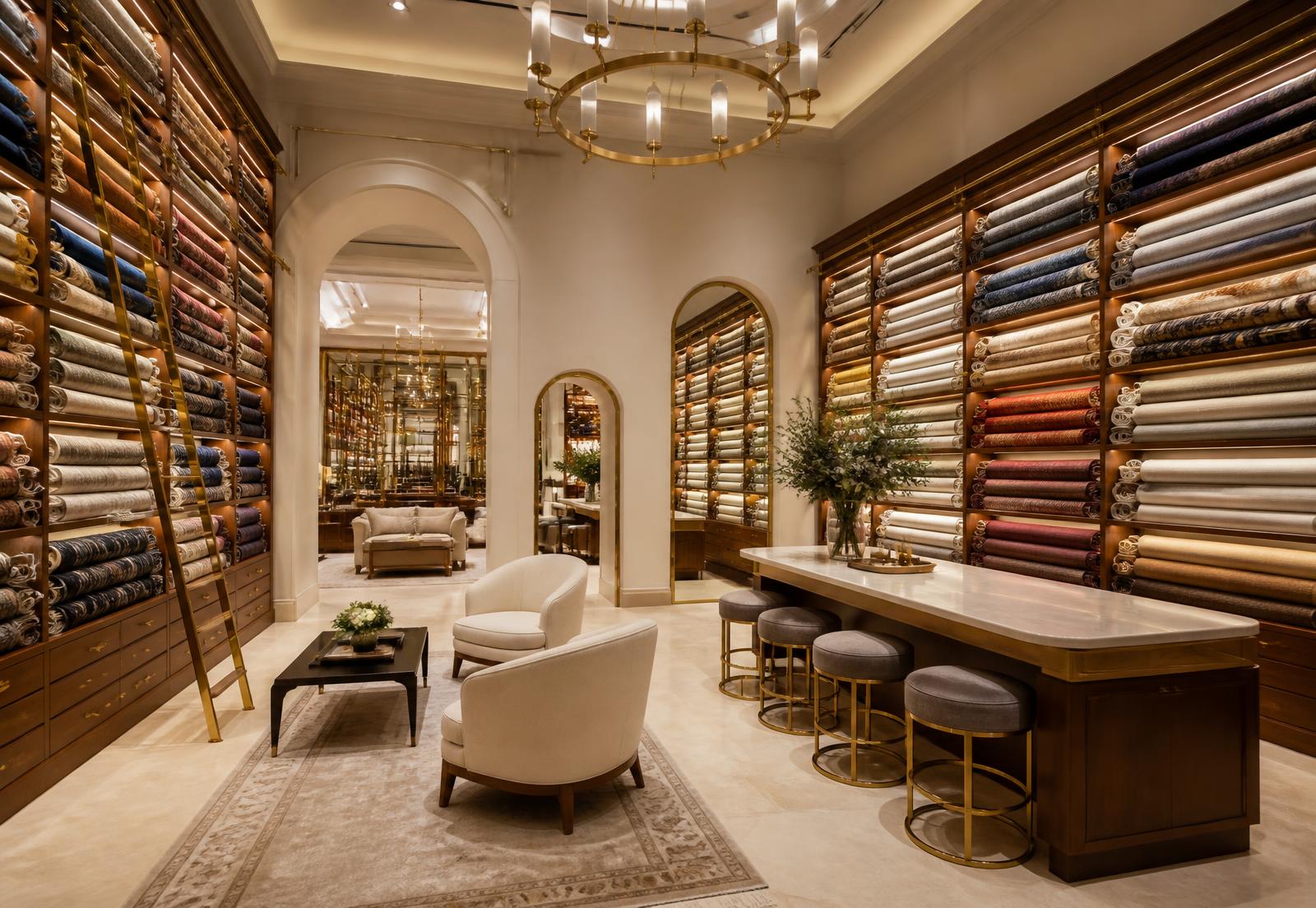 Interior of the Auriva fabric showroom in Al Satwa, Dubai with shelves of rolled textiles