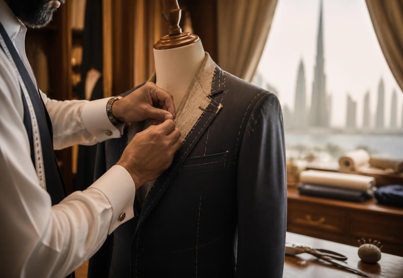 Auriva tailor hand-pinning a bespoke jacket in the Dubai atelier